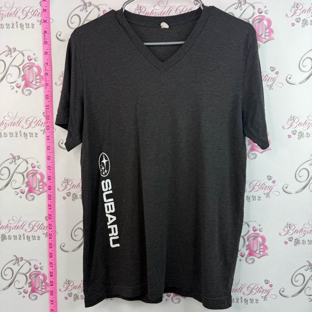 Subaru T-shirt racing back detail Men's Black grey white V-Neck Logo T-Shirt